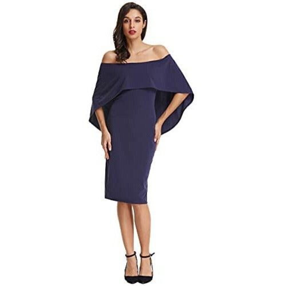 Grace Karin L Off Shoulder Batwing Cape Knee Length Dress Blue Cocktail Party